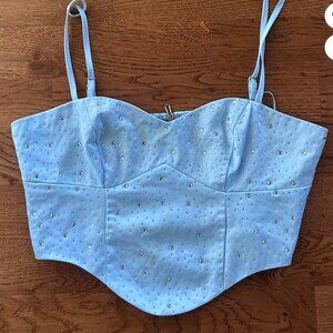 Superdown Janet Corset Top Light Blue small Tank Cami Satin Crystal Bustier Zip